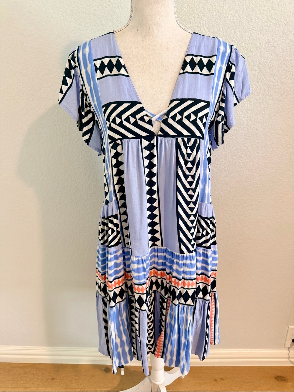 THML Light Blue Black and Coral Geometric Mini Dress